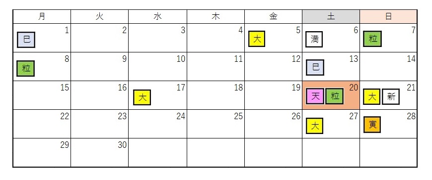 2020年6月のお財布カレンダー